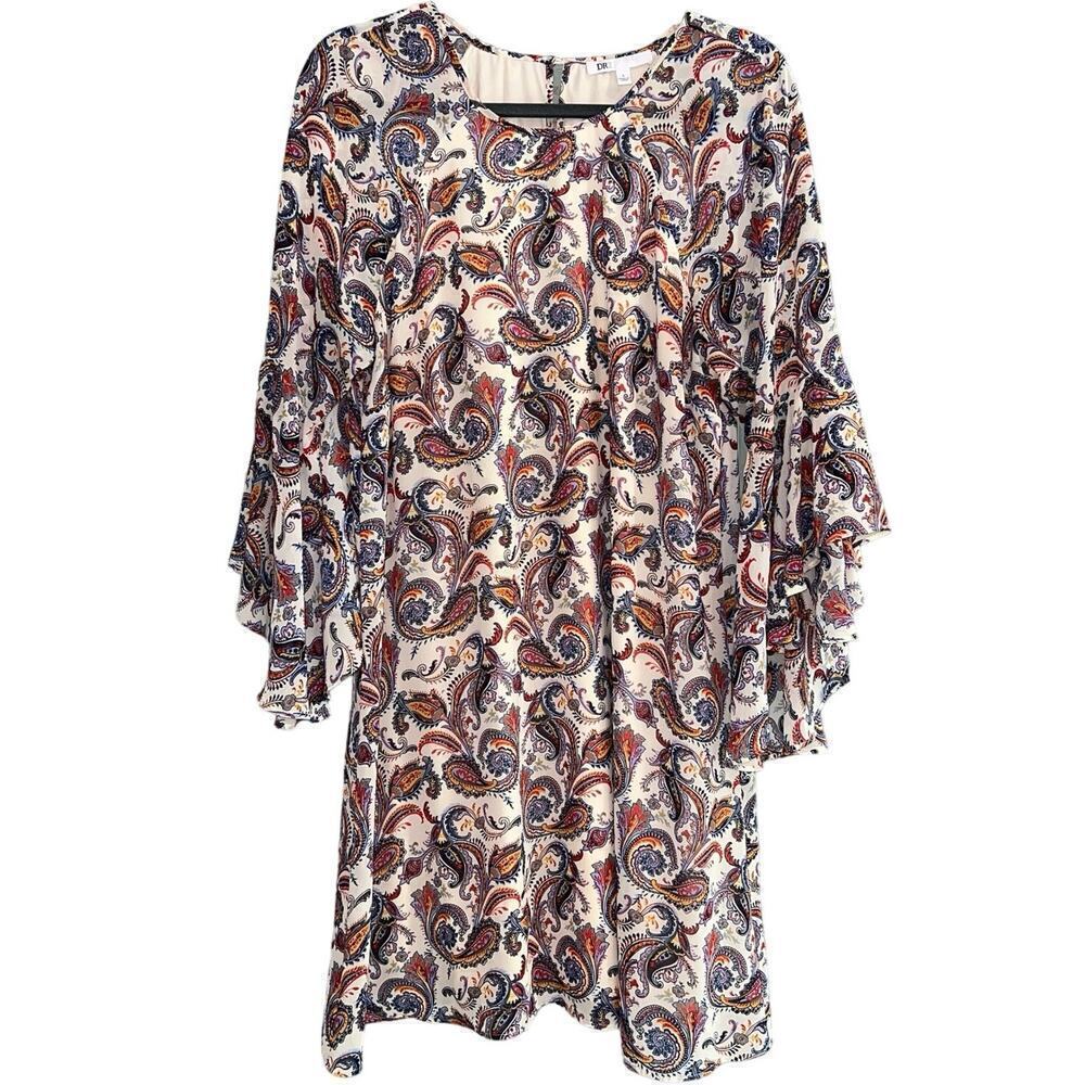 DR2 Paisley Colorful Swing Dress Flare Sleeves Fully Lined Size L